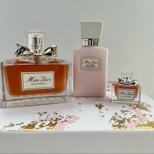 Miss Dior Eau de Parfum perfume set with 3.4oz, 0.17oz, and body milk
